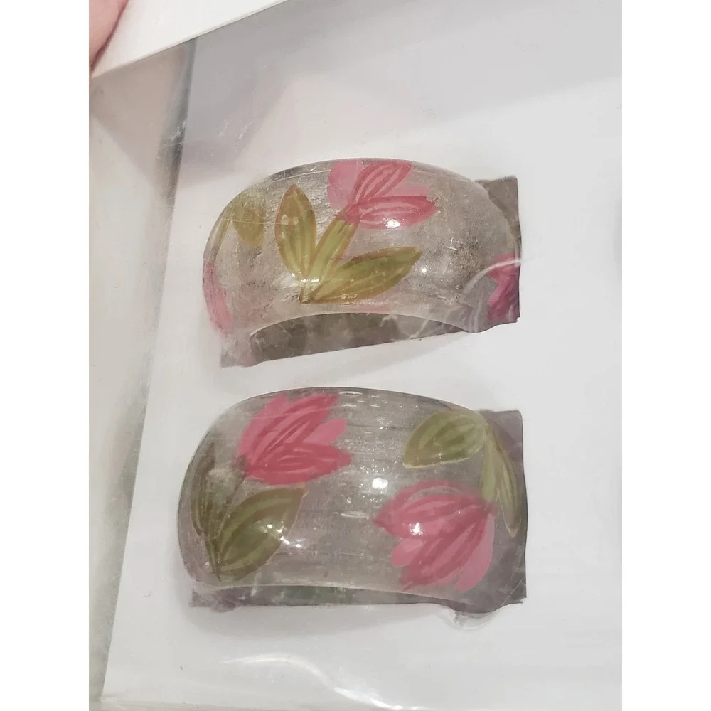 NEW 4 Rachel Ashwell Napkin RINGS‎ CLEAR PINK FLOWERS spring easter maximalist